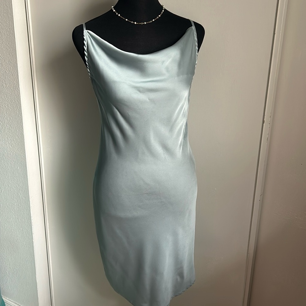 Forever 21 Icy Slate Blue Satin Cowl Neck Slip Mini Formal Evening Dress